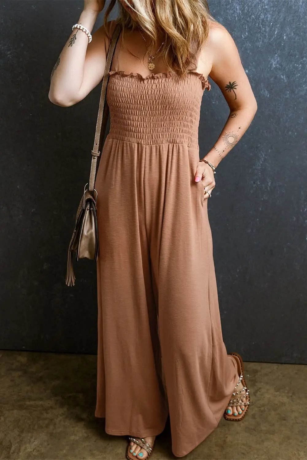 Dusty Pink Ruffled Shirred Wide Leg Sleeveless Jumpsuit - Love Salve